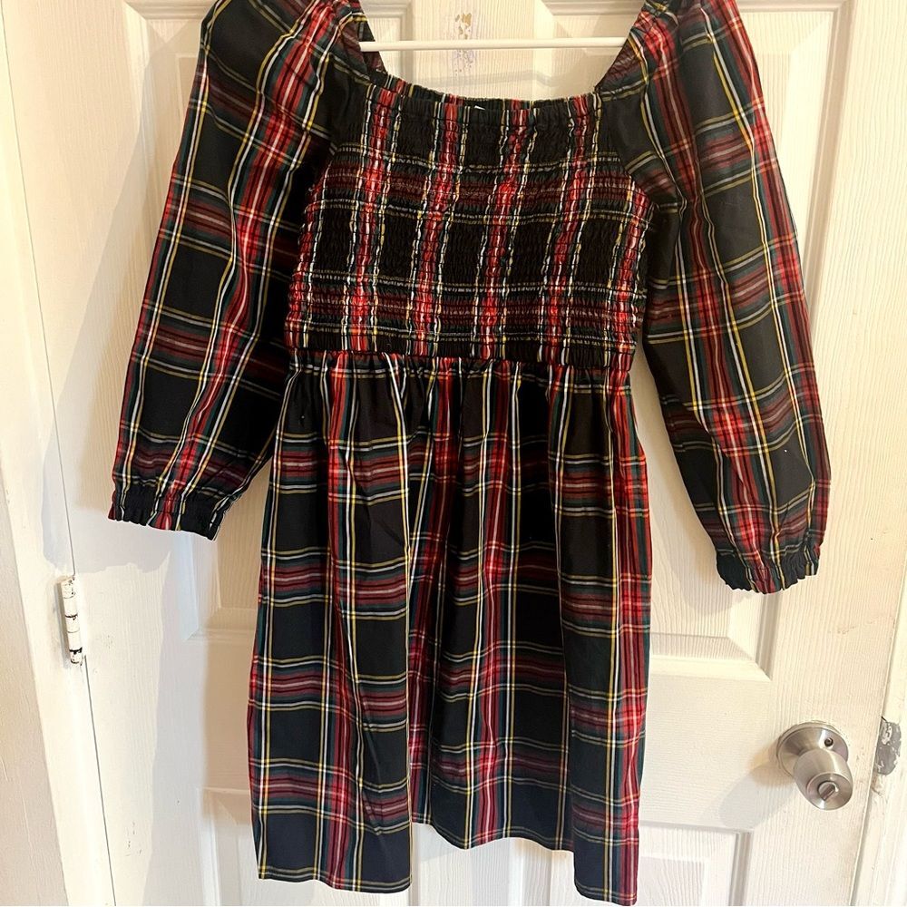 J. Crew Kids Crewcuts Dress Black Tartan Plaid Long Sleeve Smocked size Girls 10